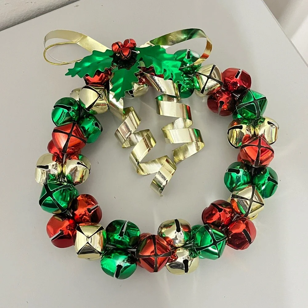 Vintage  Jingle Bell Wreath Home Decor OS Red Green Gold Holiday Holly Bow